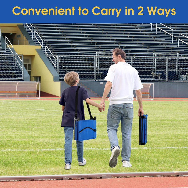 Halituny Stadium Seat for Bleachers with Back Support, Portable Bleacher Seat with Wide Comfy Padded Cushion, Metal Hook, Folding Stadium Chair with Shoulder Strap, Carry Handle, Cup Holder, Blue