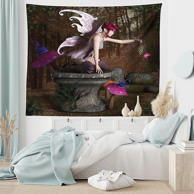 Ambesonne Tale Tapestry King Size, Dimensional Mythical Creature Design Artifact on Pedestal Forest Print, Wall Hanging Bedspread Bed Cover Wall Decor, 104" X 88", Red Purple Grey