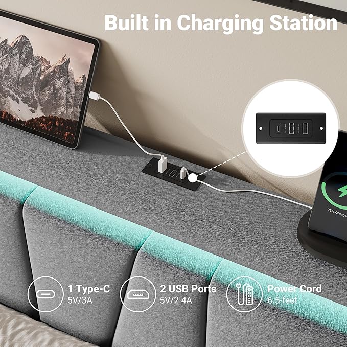Allewie King Size LED Bed Frame with Charging Station, Velvet Upholstered Platform Bed with Geometric Wingback Headboard, Modern Frame with No Box Spring Needed, Easy Assembly, Grey