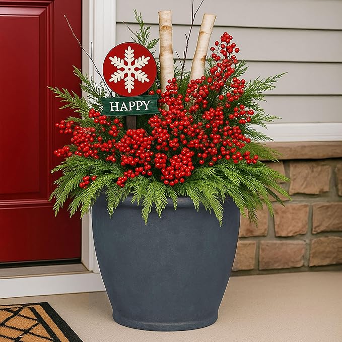 Sunnydaze 24-Inch Anjelica Large Plastic Pot for Plants - Double-Walled Outdoor Polyresin Round Planter Porch Pot with Drillable Drainage Holes - Slate - 2pk