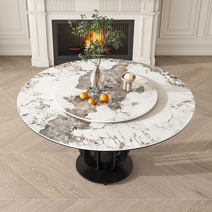 53" Round Modern Marble Dining Table with Lazy Susan, Sintered Stone Top for Kitchen, Dining Room, Dinette, Space Saving Design