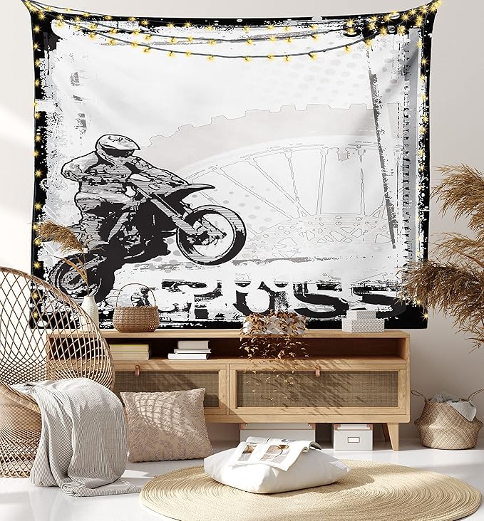 Ambesonne Motorcycle Tapestry, Motocross Racer Image Grungy Background Poster Style Monochromic Art Print, Fabric Wall Hanging Decor for Bedroom Living Room Dorm, 45" X 30", Black White