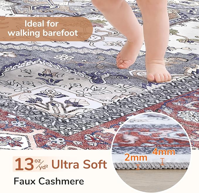 OPPODREAM Thin Entryway Rug 2x10, 2x10 Rug Runner, Washable Hallways Carpet 2 x 10 with Non Slip Backing, Low-Pile Bedside Carpet 2 x 10, Long, Faux Cashmere, Red & Grey