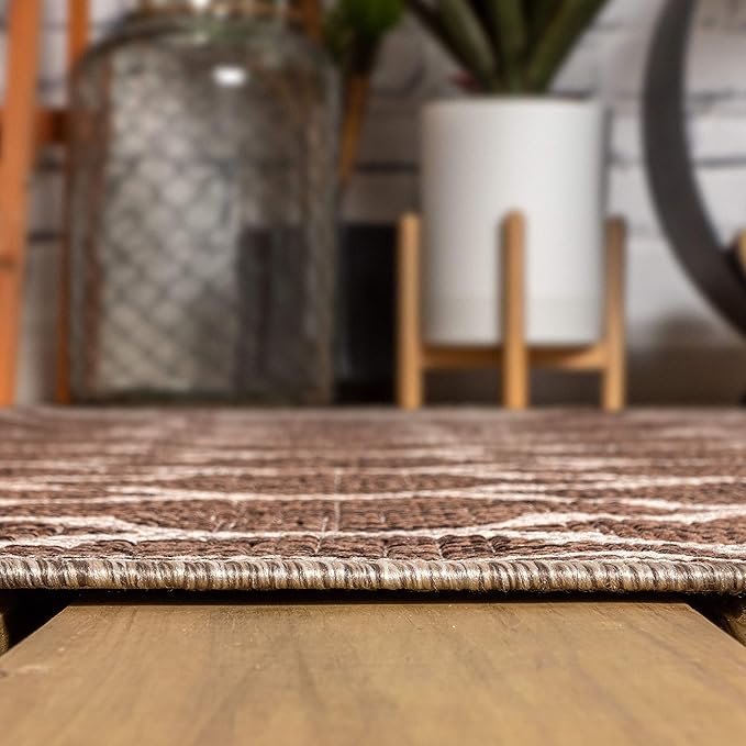 Eyely BMS109B-214 Santa Monica Trebol Moroccan Trellis Textured Weave, Pet Friendly, Non-Shedding, Stain Resistant, Easy-Cleaning, Espresso/Taupe, 2 ft. x 14 ft., Indoor/Outdoor, Runner Rug