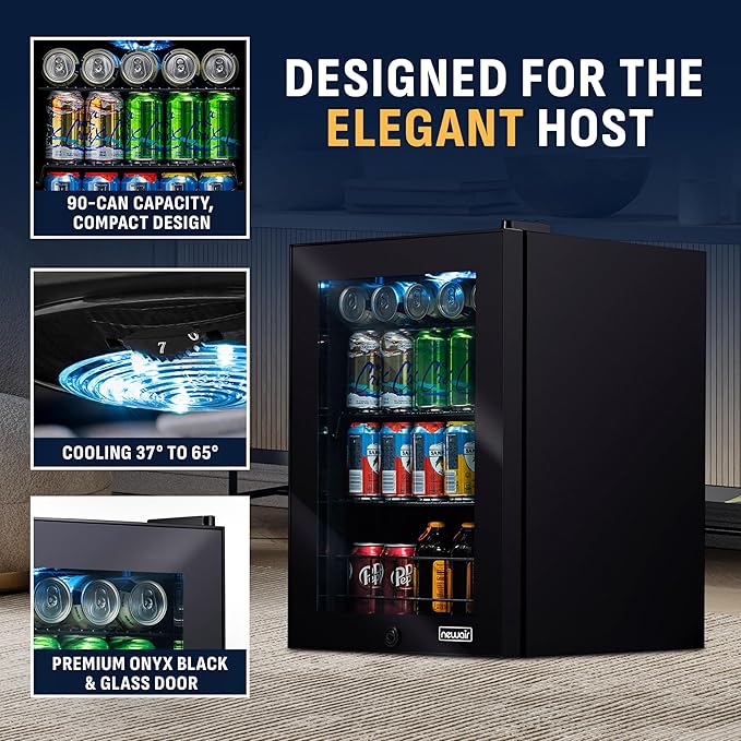 NewAir 90 Can Beverage Refrigerator | Freestanding Small Mini Fridge for Bedroom, Home Bar or Office | Adjustable Shelves, Quiet Cooling & Locking Door | Black