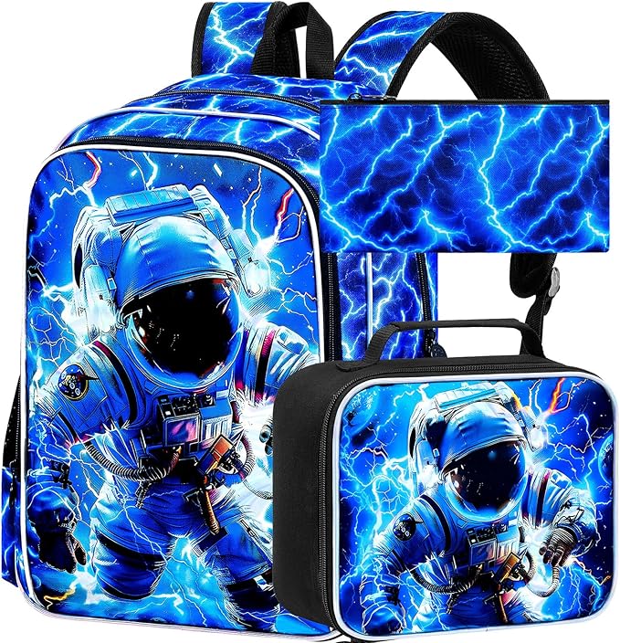 KLFVB 3PCS Lightning Bookbag for Boys, 17" Astronaut Backpack and Lunch Box, Water Resistant Teenagers School Backpacks for Middle Elementary - Lightning Space Adventure