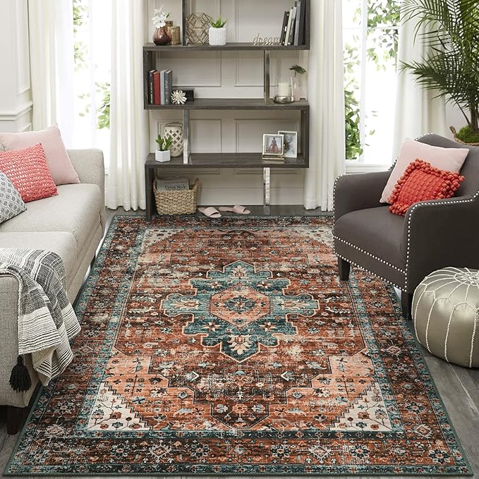 Moynesa Ultra-Thin Washable 10x14 Area Rugs for Living Room, Boho Large Living Room Rug Non Slip,Vintage Oriental Indoor Floor Carpet for Dining Room Table Dorm Home Office Decor, Brick Red