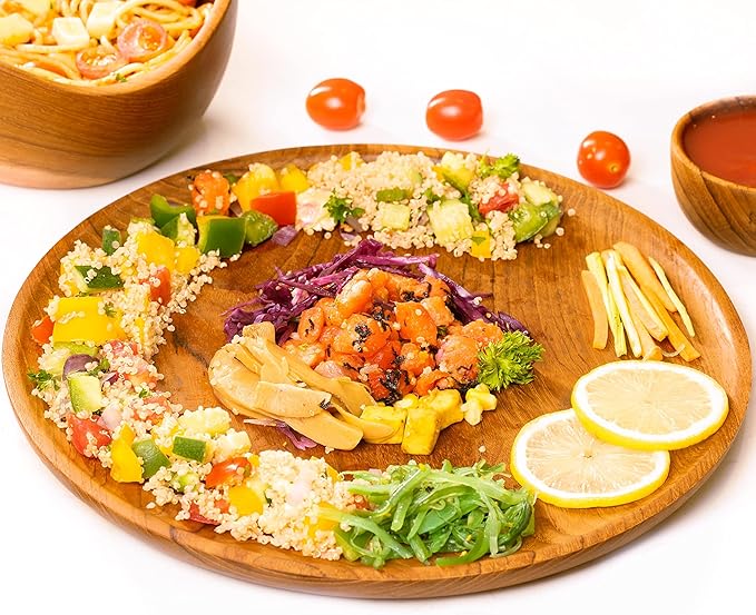 Rainforest Bowls Set of 4 12" Round Javanese Teak Wood Dinner Plates- Perfect for Everyday Use- Hot & Cold Friendly, Ultra-Durable, Premium Wooden Plates- Handcrafted by Indonesian Artisans