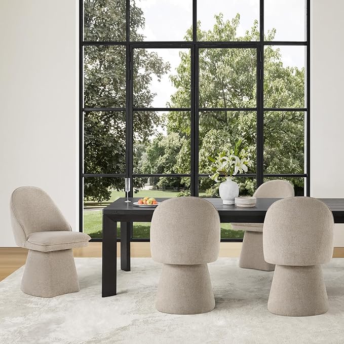 Swivel Dining Chairs Set of 4, Upholstered Mid Century Modern Deskchair with Round Back, Linen Fabric Kitchen Chairs for Dining Room, Bedroom, Dressing Room, Khaki