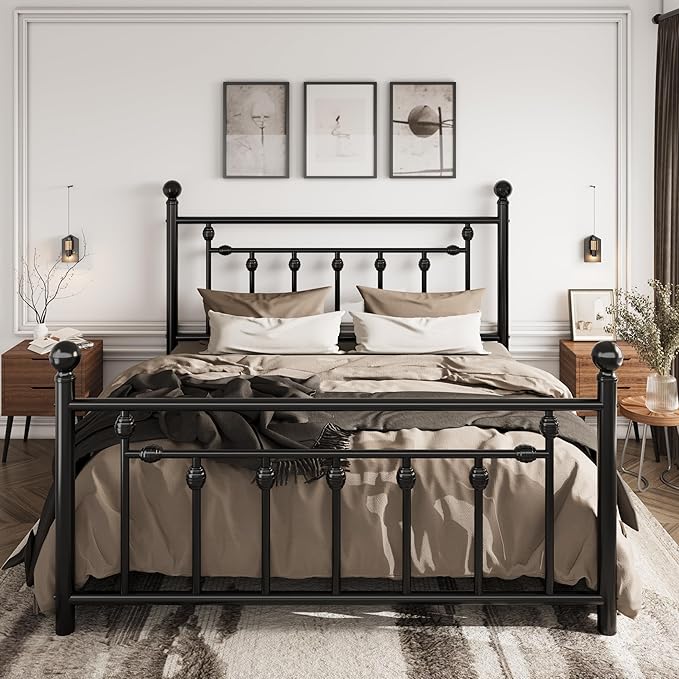 SHA CERLIN 14'' Full Size Metal Platform Bed Frame/Victorian Headboard and Footboard/Steel Slats Mattress Foundation for Storage/No Box Spring Needed/Noise Free/Black