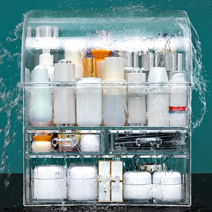 Clear Large Acrylic Makeup Organizer with Lid Cosmetic Storage Drawers Portable Makeup Organizers Dustproof and Waterproof Box for Women 14 inches