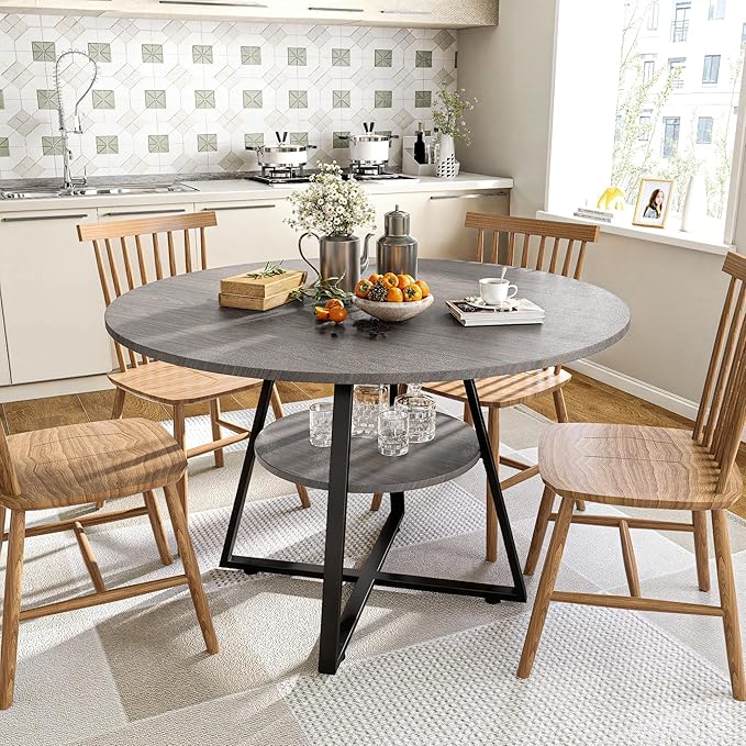 47" Round Dining Table for 4, Kitchen Dining Table with Storage, Wood Circle Dinner Table, Space Saving Dining Room Furniture for Kitchen, Living Room