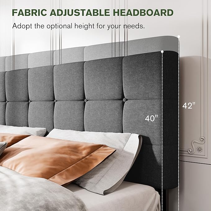 MUTICOR King Size Bed Frame with 4 Storage Drawers, Upholstered Platform Bed with Button Tufted Adjustable Headboard, No Box Spring Needed, Easy Assembly, Square Tufted, Dark Grey Fabric