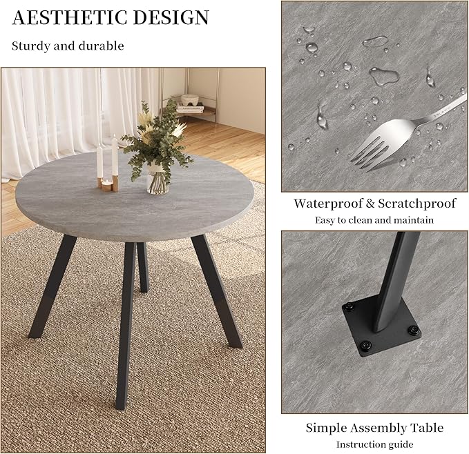 34.6'' Dining Table and Chairs for 4, Mid Century Modern Round Table Set, Space Saving for Apartment Kitchen Dining Room (Grey Table+4 U-Shaped Black Chairs)
