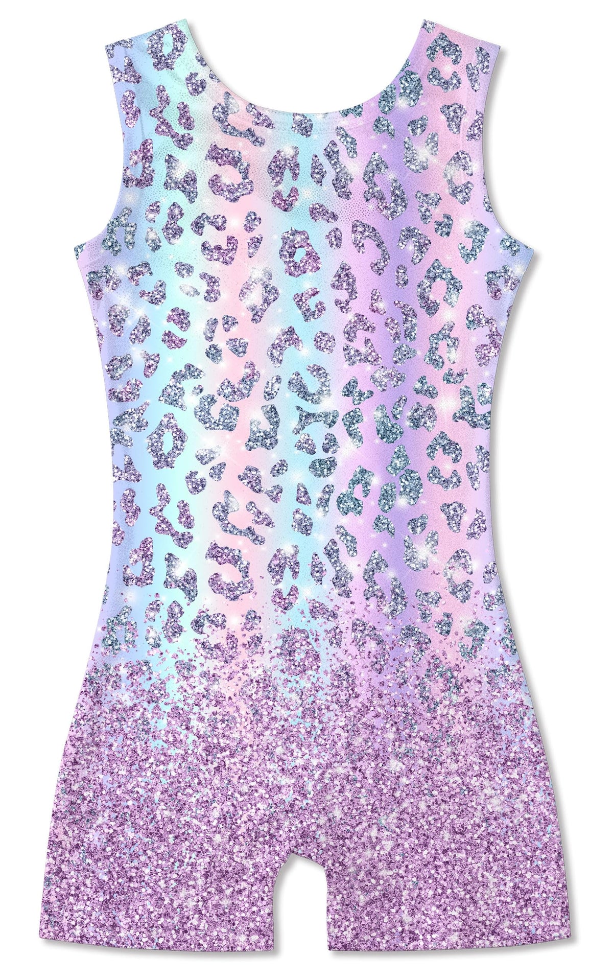 Funnycokid Gymnastics Leotards for Girls Kids Outfits Sparkly Unitards Clothes with Shorts, Diamond Leopard Colorful Purple, 6-7 Years