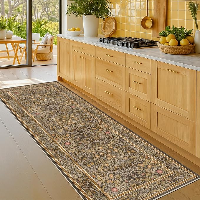 Brown 2'6" x 10' Hallway Runner Rug Non Slip - Stain Resistant Washable Kitcehn Rug, 10ft Extra Long Entryway Indoor Mats, Soft Boho Vintage Gold Brown Floral Indoor Décor