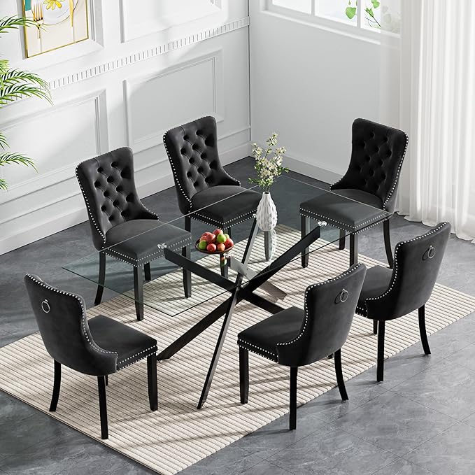 60" Rectangular Glass Dining Room Table for 6 with Tempered Glass Top and Black Metal Legs, Modern Clear Kitchen and Dinner Table for Home Office Dining Room