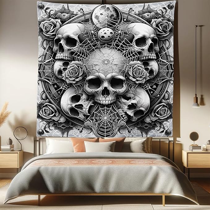 Ambesonne Gothic Tapestry King Size, Dark Tone Neo Spooky Vampire Skulls with American Traditional Roses, Wall Hanging Bedspread Bed Cover Wall Decor, 88" X 88", Pale Grey Dark Grey White