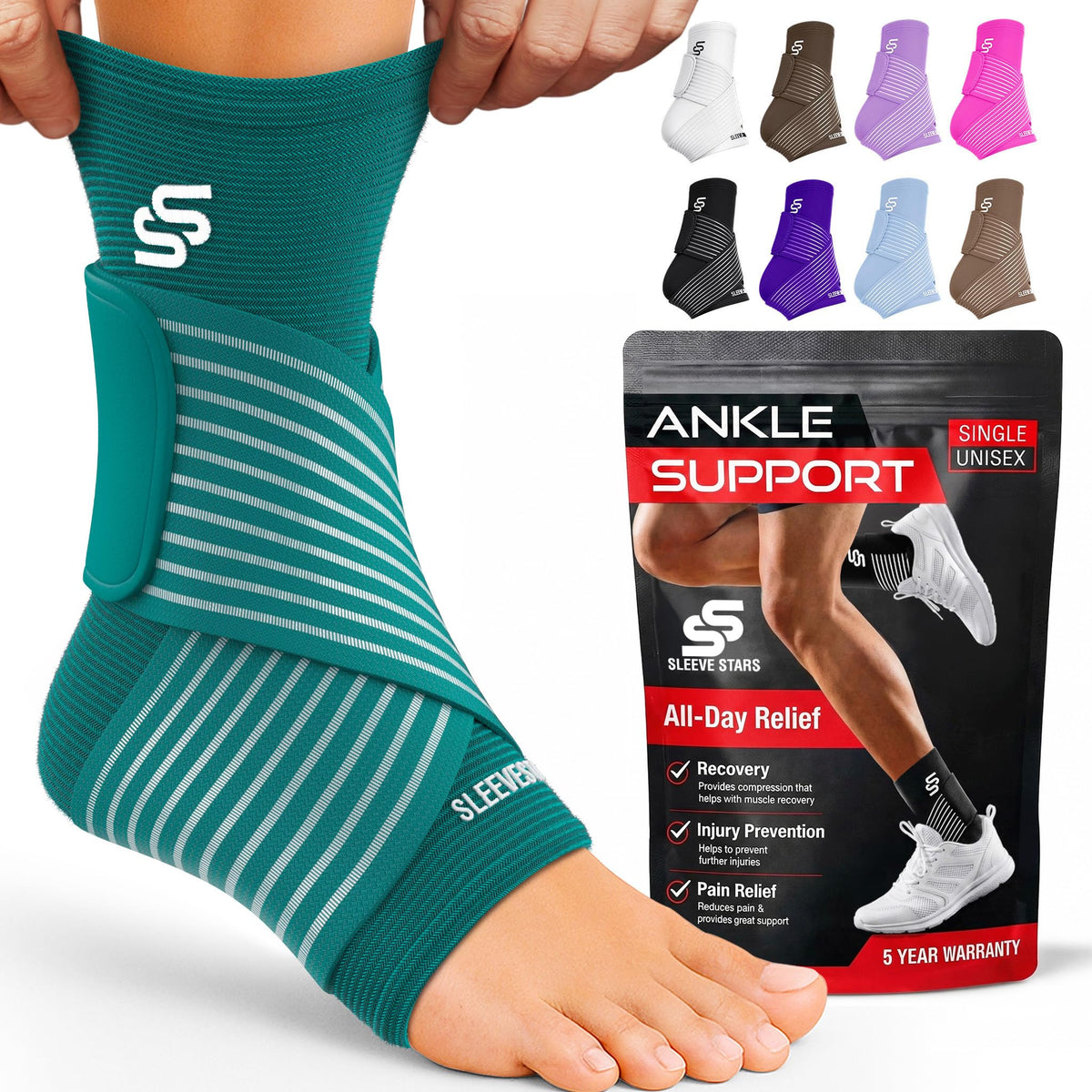 Sleeve Stars Ankle Brace for Women & Men, Ankle Wrap for Sprain, Compression Sleeve for Plantar Fasciitis Relief, Easy Customizable Support: w/ Removable Strap (Single/M:10"-12"/Turquoise)