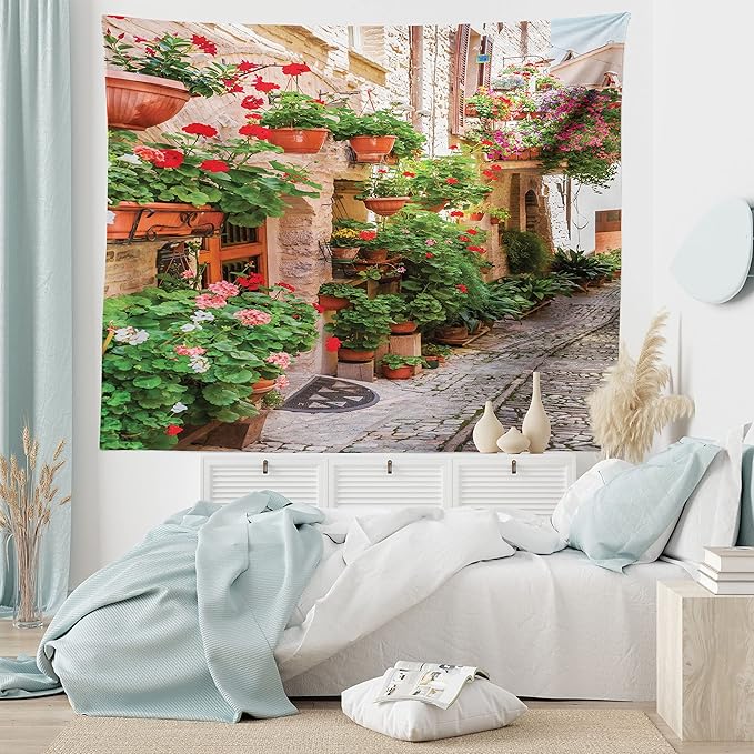 Ambesonne Italian Tapestry King Size, Street View of a Small Renaissance Town with Floral Porches and Rock Mediterranean, Wall Hanging Bedspread Bed Cover Wall Decor, 104" X 88", Pale Brown