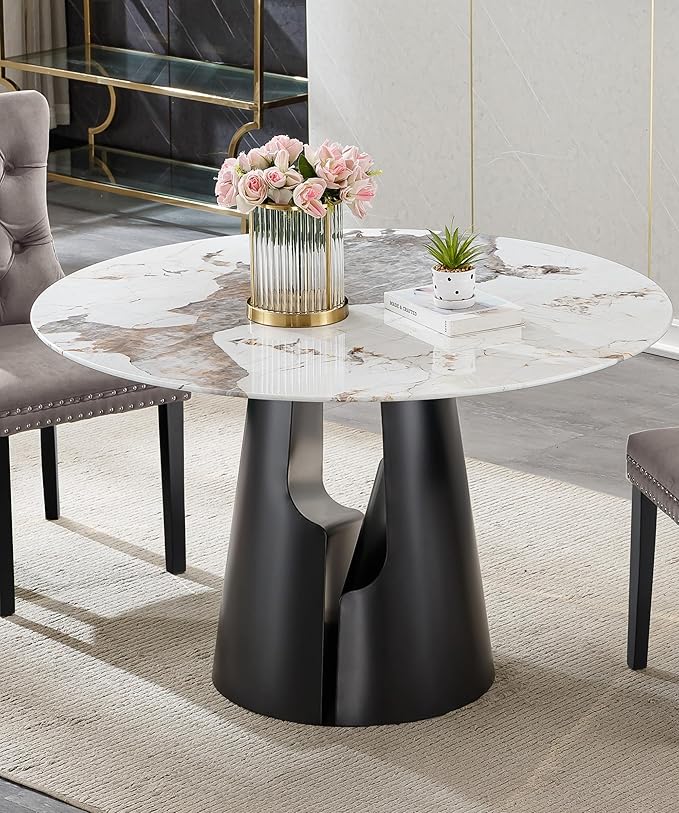 5-Piece Faux Marble Round Dining Table Set for 4, Modern Luxury Kitchen Table Set for 4 with Grey Tufted Chairs,Circle Dining Tables with Pandora Grain Top and Black Pedestal Base