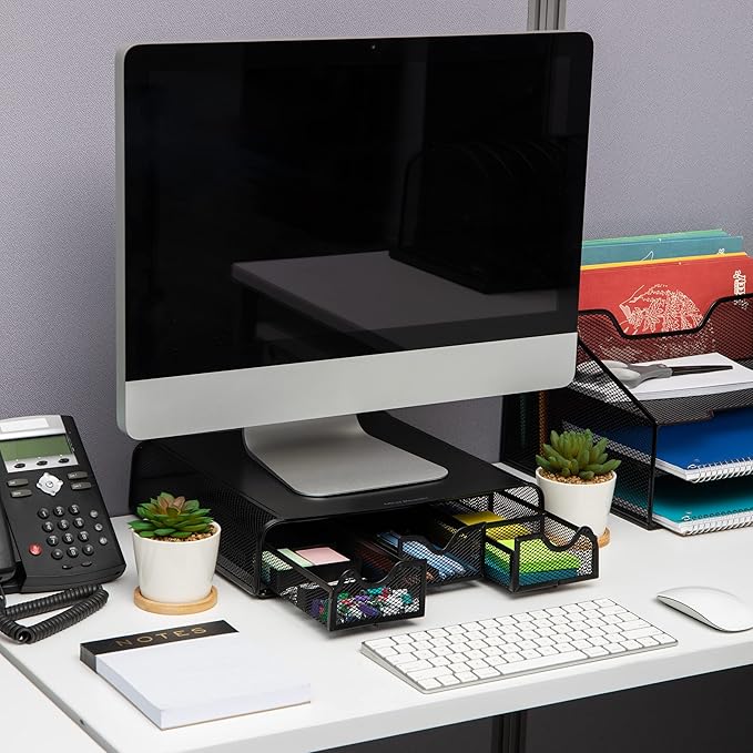 Mind Reader Monitor Stand, Ventilated Laptop Riser, Desktop Organizer, Storage, Metal Mesh, 13.25"L x 12.5"W x 3"H, Black