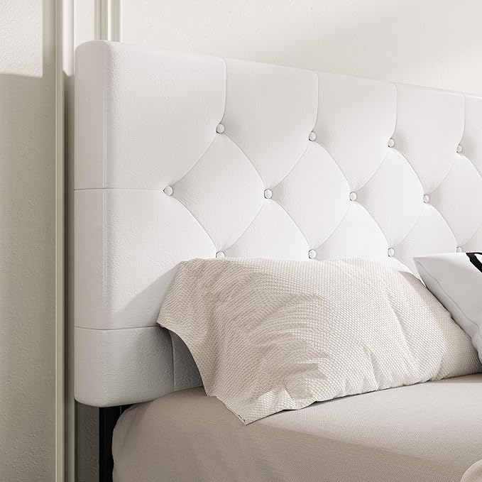 MUTICOR Queen Size Bed Frame with 4 Storage Drawers, Upholstered Platform Bed with Button Tufted Adjustable Headboard, No Box Spring Needed, Easy Assembly, Diamond Tufted, White Leather