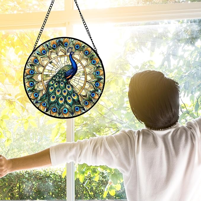 Stained Glass Window Hanging - Retro Peacock Decoration Suncatcher for Door Garden Home Bird Feather Sun Catchers Christmas Mother's Day Birthday Gifts for Women Men Mom Nana Friend 6.3 in