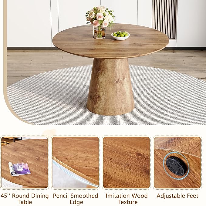 Round Dining Table Set for 6,45'' Farmhouse Dining Room Table Set for 6 with Suede Chairs,1" Thick Wood Pattern Tabletop with Conical Base,7 Pieces Kitchen Table Set for Dining Room,Apartment