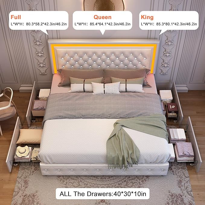 Queen Led Bed Frame with 4 Storage Drawers, Bed Frame with Led Lights No Box Spring Needed, 900 lbs Capacity, Easy Assembly, PU White