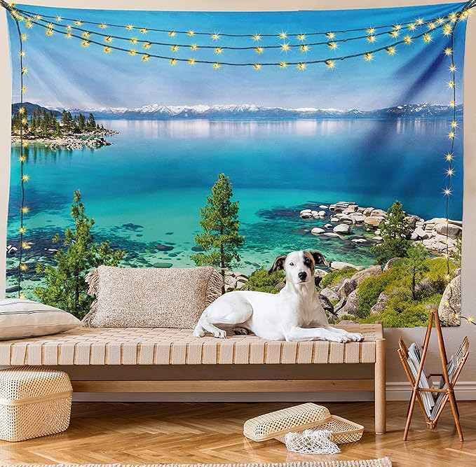Ambesonne Blue Tapestry King Size, Tranquil View of Lake Tahoe Sierra Pines on Rocks with Turquoise Waters Shoreline, Wall Hanging Bedspread Bed Cover Wall Decor, 104" X 88", Blue Grey Green