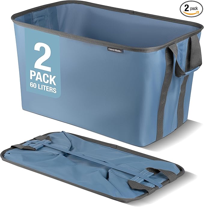 CleverMade Collapsible Laundry Basket 2 Pack – 60L (16 Gal) Foldable Clothes Hamper with Reinforced Handles, Space Saving Fabric Laundry Bin, Holds 55 lbs, Flat Folding for Dorm, Apartment & RV - Denim