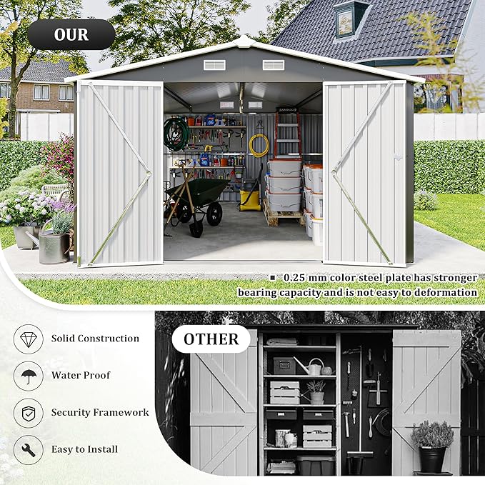 10x14 FT Outdoor Storage Shed, Large Metal Garden Shed with Side Door, Outside Tool Sheds with 3 Lockable Hinged Doors, Waterproof Storage Building with 4 Air Vents for Backyard, Patio, Dark Gray