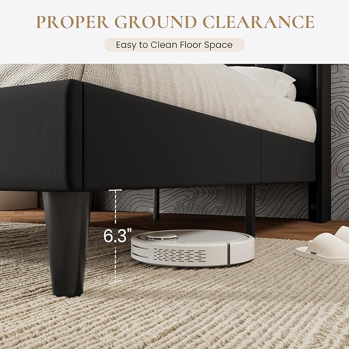 SHA CERLIN Queen Bed Frame with Charging Station and LED Lights, Modern Velvet Platform Bed with Upholstered Geometric Wingback Headboard, No Box Spring Needed, Easy Assembly, Black