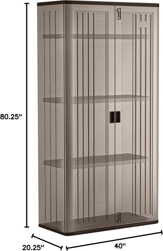 Suncast 31 Cubic Feet Mega Tall Storage Cabinet with 3 Adjustable Shelves, Platinum Metallic & Slate – Garage or Basement Utility Resin Organizer with 75 Pound Capacity Per Shelf and Lockable Doors