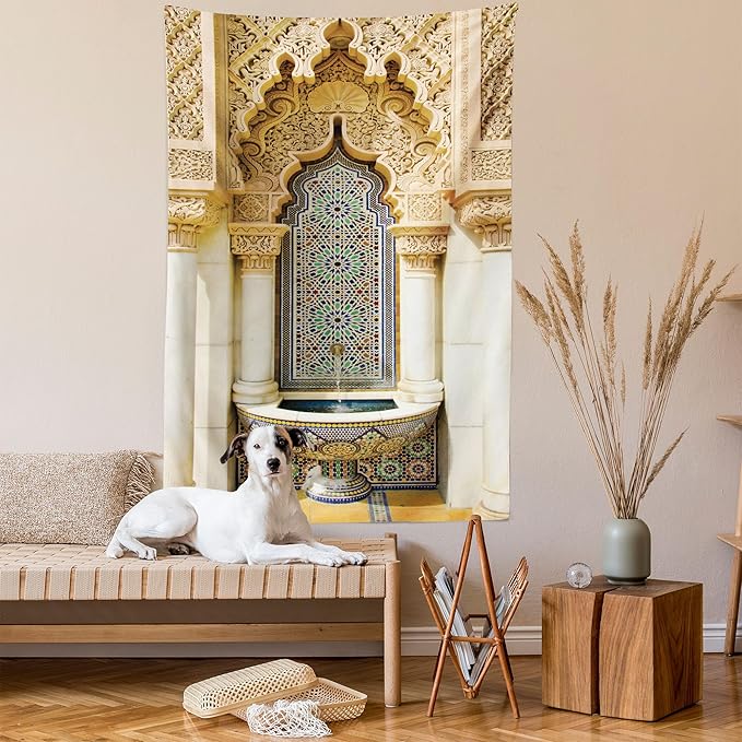 Ambesonne Moroccan Tapestry, Vintage Building Design Art Historic Exterior Facade with Mosaic Print, Fabric Wall Hanging Decor for Bedroom Living Room Dorm, 30" X 45", Ivory Pale Brown Blue