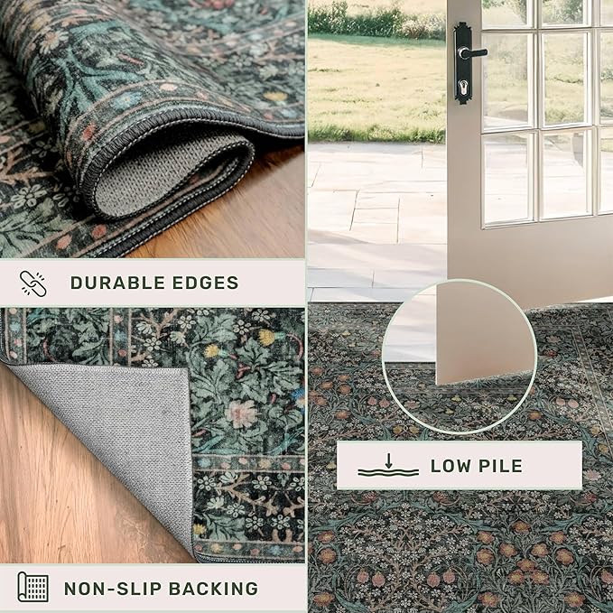 Dark Green 2x5 Runner Rug Non Slip Washable for Bathroom, Kitchen, Floral Boho Low Pile Entryway Rug, Door Mat Indoor Entrance, Small Carpet Runner for Laundry Room