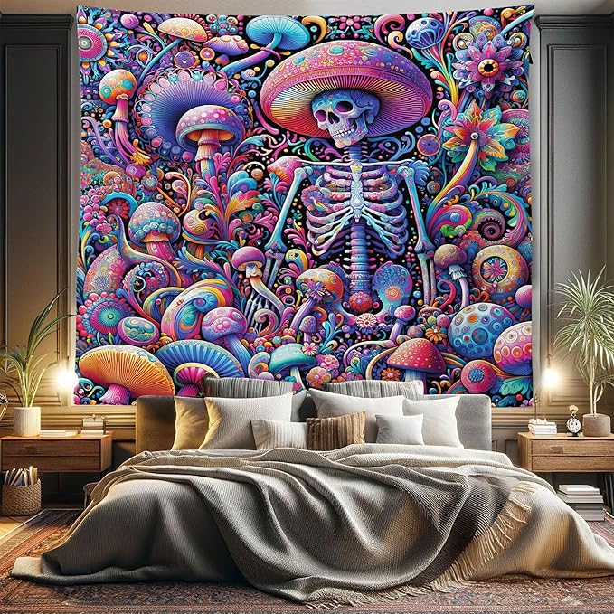 Ambesonne Trippy Tapestry King Size, Rave Tone Psychedelic Skeleton Mushroom Huddles Psychedelic Jungle, Wall Hanging Bedspread Bed Cover Wall Decor, 104" X 88", Magenta Indigo Multicolor