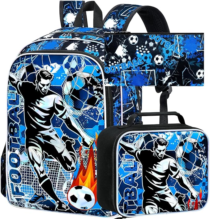 KLFVB 3PCS School Backpack, 17" Kids Football Bookbag and Lunch Box, Water Resistant Teenagers Backpacks for Middle Elementary - Soccer