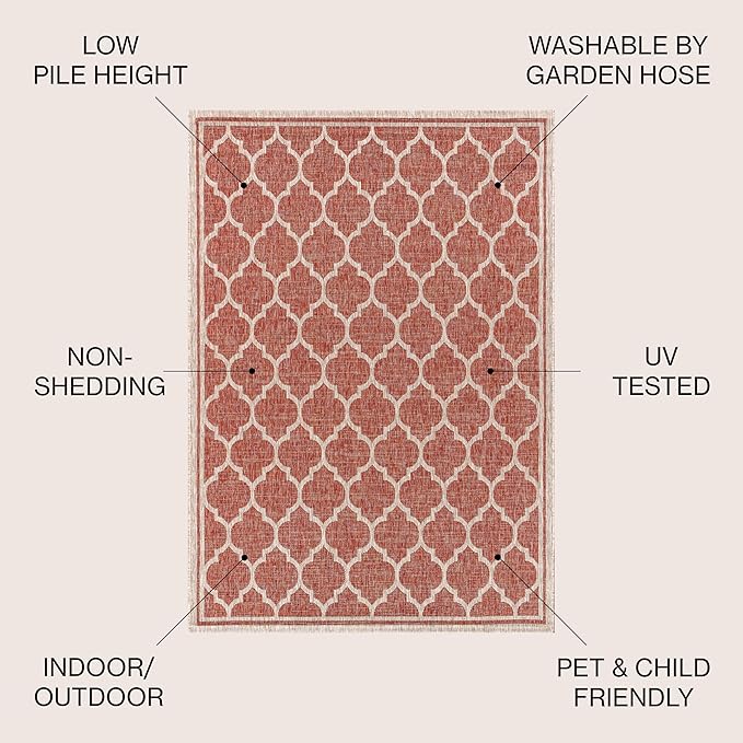 Eyely BMS109C-4SQ Santa Monica Trebol Moroccan Trellis Textured Weave, Pet Friendly, Non-Shedding, Stain Resistant, Easy-Cleaning, Red/Beige, 4' Square, Indoor/Outdoor, Area Rug