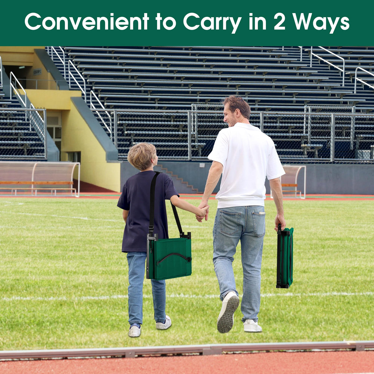 Halituny Stadium Seat for Bleachers with Back Support, Portable Bleacher Seat with Wide Comfy Padded Cushion, Metal Hook, Folding Stadium Chair with Shoulder Strap, Carry Handle, Cup Holder, Green