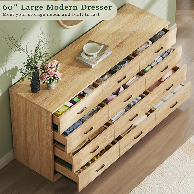 60 Inch 12 Drawer Dresser for Bedroom, Long Mid Century Modern Dressers, Wood Vintage Chests of Drawers TV Stand up to 65", Large Storage Organizer for Bedroom, Closet, Entryway, Natural