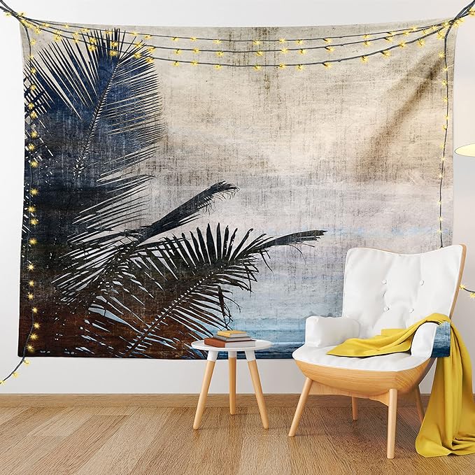 Ambesonne Hawaiian Tapestry King Size, Palm Tree Leaves on Grunge Background with Sea Vintage Waterscape Illustration, Wall Hanging Bedspread Bed Cover Wall Decor, 104" X 88", Beige Indigo