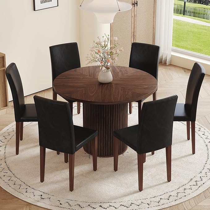 AZmac Round Dining Table Set for 6, Wooden Round Table 7-Piece with Modern Farmhouse Dining Table and 6 PU Leather Chairs for Kitchen Dining Room, Walnut Table + 6 Black High Back Chairs