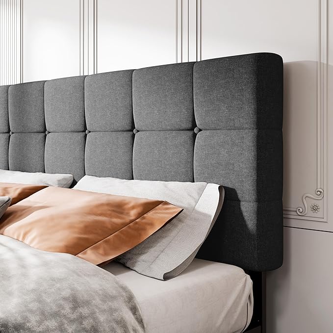 MUTICOR Queen Size Bed Frame with 4 Storage Drawers, Upholstered Platform Bed with Button Tufted Adjustable Headboard, No Box Spring Needed, Easy Assembly, Square Tufted, Dark Grey Fabric