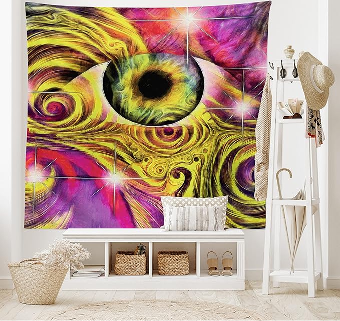 Ambesonne Psychedelic Tapestry, Hippie Hallucinatory Eye in Vivid Colors with Optical Swirl Lines Graphic, Fabric Wall Hanging Decor for Bedroom Living Room Dorm, 45" X 30", Fuchsia Yellow