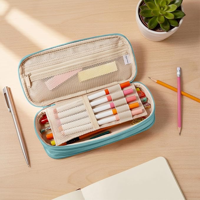 Amazon Basics Large Capacity Pencil Case with Durable Zipper, Multi-Compartment, Cyan Mild