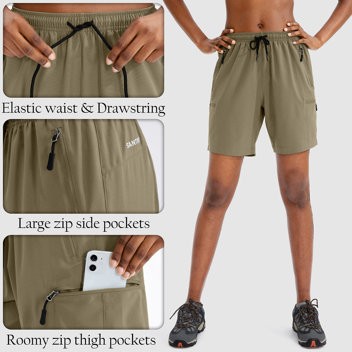 SANTINY Women's 5''/ 7''/9'' Hiking Cargo Shorts Quick Dry Lightweight Summer Shorts for Women Athletic Golf Zipper Pockets(Dusty Blue_L)