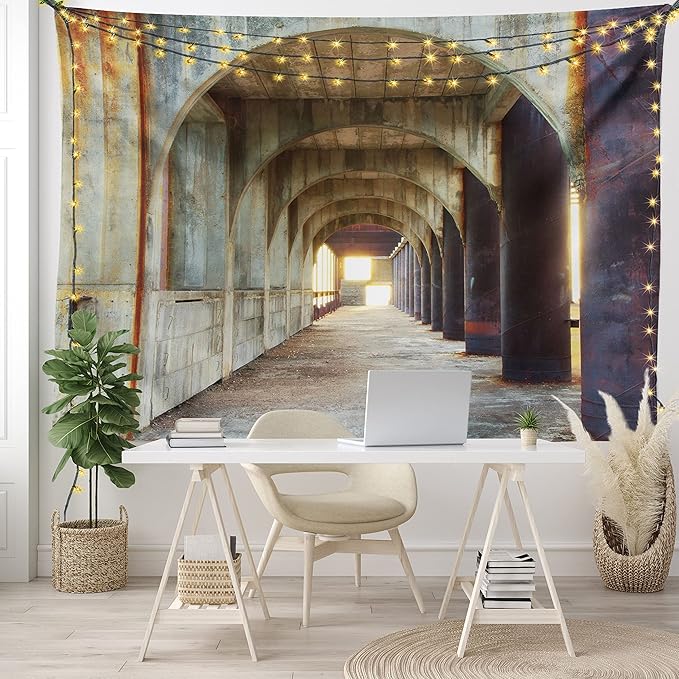 Ambesonne Urban Tapestry, Corridor of Concrete Pillars Structure Urban Industrial Rustic Style Art, Fabric Wall Hanging Decor for Bedroom Living Room Dorm, 28" X 23", Brown Purple