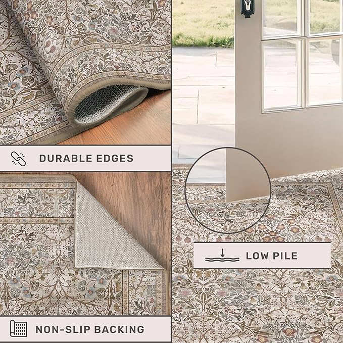 Moss Green 2'6" x 10' Long Runners for Hallways Non Slip, Vintage Washable Rugs for Kitchen, Entryway Stain Resistant with Rubber Backing - Vintage Taupe Brown Floral Décor